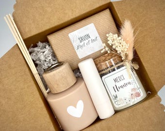 Cadeauset: Diffuser + kaars met gedroogde bloemen + lippenbalsem - einde schooljaar - Peetmoeder - Leerkracht - Nanny - Onderwijsassistent - Collega