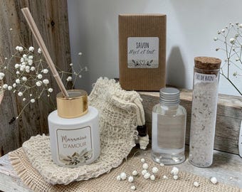 Coffret cadeau Diffuseur de parfum BLANC, savon, sel de bain - MERCI - Noël - Marraine - Mamie - Maman - Nounou - Maîtresse - ATSEM...