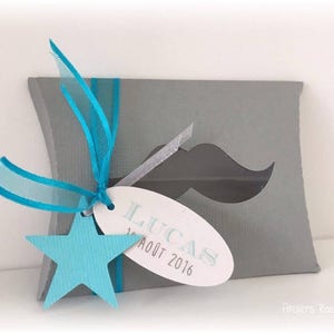10 Boites - pochette pour dragées baptême communion - Thème moustache étoile - baptême garçon gris et bleu + étiquette personnalisée