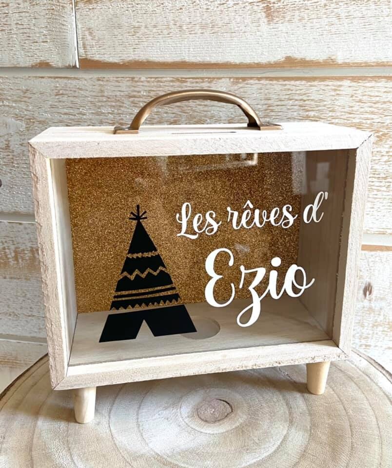 Tirelire en Bois - Fond Pailleté Or Personnalisable Idée Cadeau Naissance, Baptême, 1Er Anniversaire