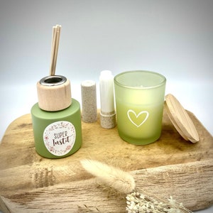 Regalo: Vela aromática + difusor de fragancia + bálsamo labial - fin de curso - Madrina - Profesora - Niñera - Auxiliar docente - Compañera de trabajo,...