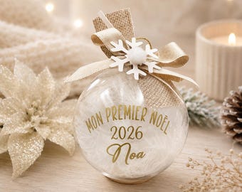 Boule de Noël personnalisée - Transparente avec plume BLANC - Mon 1er noël - Demande Parrain / Marraine - cadeau de noël Famille prénom