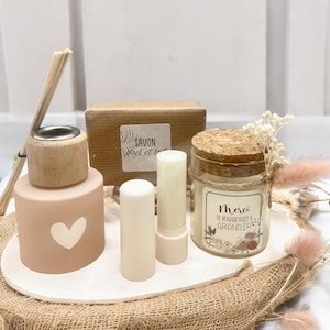 Cadeauset: Diffuser + kaars met gedroogde bloemen + lippenbalsem - einde schooljaar - Peetmoeder - Moeder - Nanny - Onderwijsassistent - Collega,...