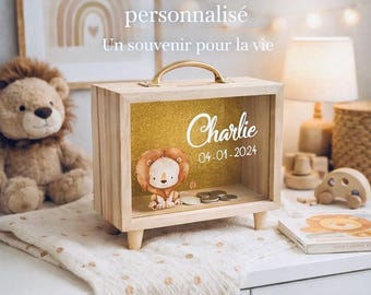 Tirelire personnalisée pour enfant décoration Jungle / Savane - Cadeau souvenir pour baptême, anniversaire, communion,...