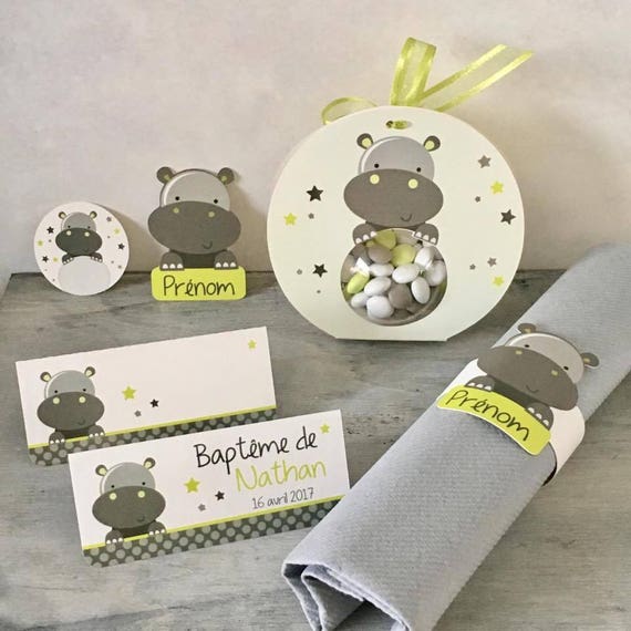 12 Marque Place Carton Double Thème Hippopotame Vert Anis