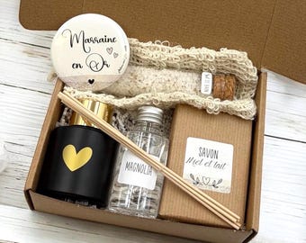 Gift set for women: softness and elegance - BLACK & GOLD fragrance diffuser - Bath salts - Moisturizing soap - Personalized message magnet