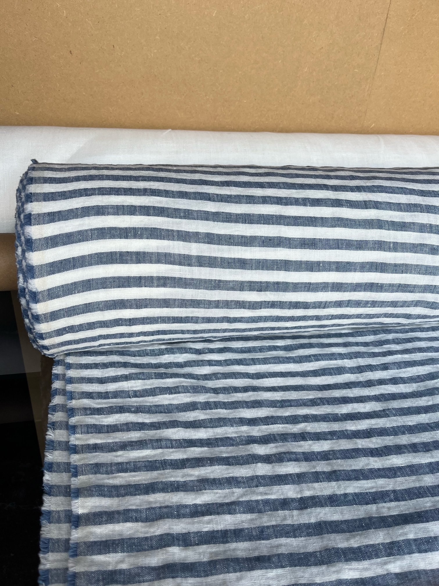 Extra Wide Blue Striped Linen Fabric: Softened Bedding Material