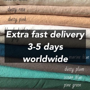 May include: Stack of fabric swatches in various colors, including natural white, dusty rose, dusty pink, bleached white, grey, marine blue, dusty plum, ocean blue, pine green, and dark grey. The text "Extra fast delivery 3-5 days worldwide" is printed on the fabric.