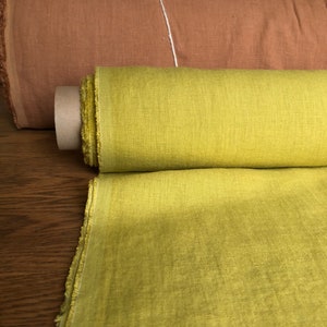 100 % EXTRA wide natural LINEN fabric BGO27 YellowGreen ,195 g/250cm width fabric by the metre, bedding