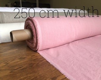 May include: A roll of pink linen fabric with a brown cardboard core. The fabric is 250 cm wide.