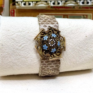Vintage Floral Enamel Brooch Leather and Snakeskin Cuff
