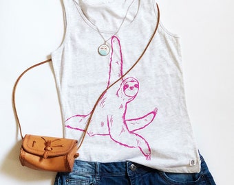 Funny Tank Top | grey and pink | Woman Sloth Tee | Cotton Sloth Shirt | Slothlover Gift | Animal Print Shirt