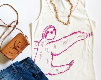 White cotton Tank Top | cute Sloth Print | Gift for her | Summershirt