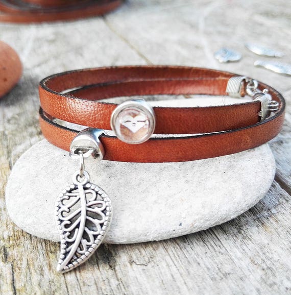 Sloth Bracelet Brown Leather With Leaf Pendant Sloth Jewelry Gift