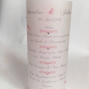 Menu photophore de mariage laçage rose