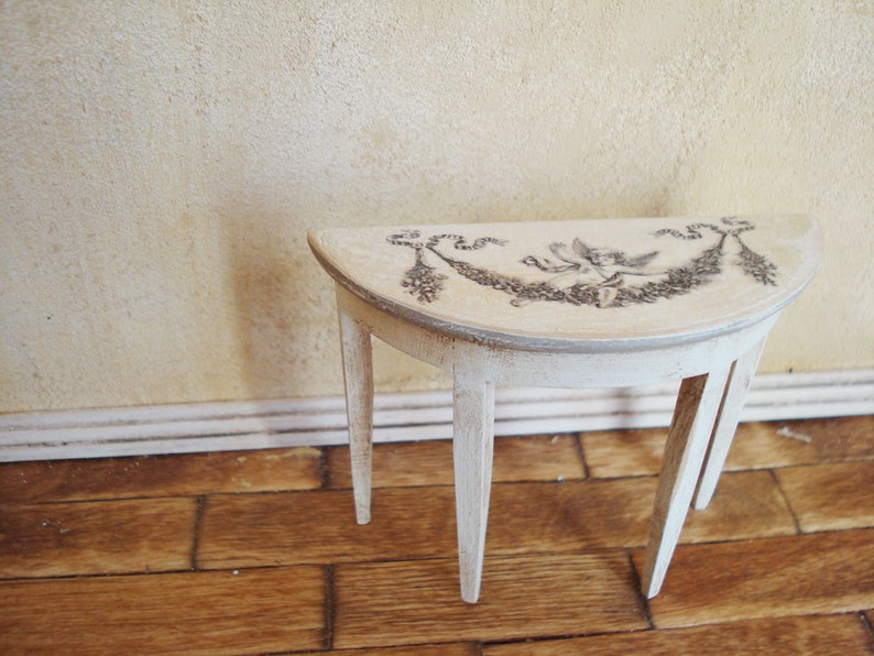 Miniature dollhouse wood table half moon table entyway table dollhouse 1/12 scale dollhouse wood table decoupage piece angel with garland
