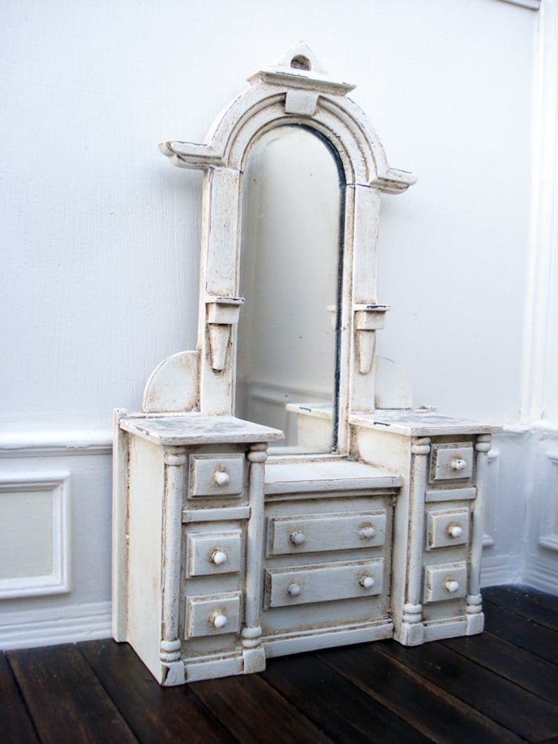 Miniature Dollhouse chest of drawers with framed genuine mirror decoupage top Bedroom dresser
