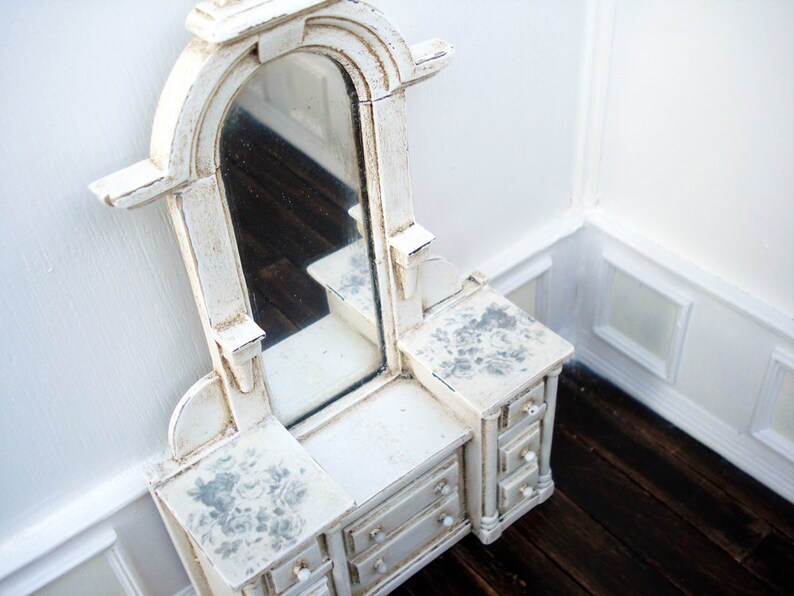 Miniature Dollhouse chest of drawers with framed genuine mirror decoupage top Bedroom dresser
