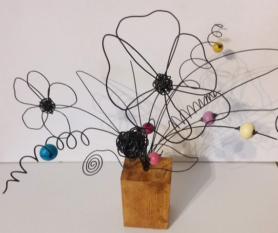Flowers Made Of Wire Annealing Ceramic Beads Wooden Vase Etsy