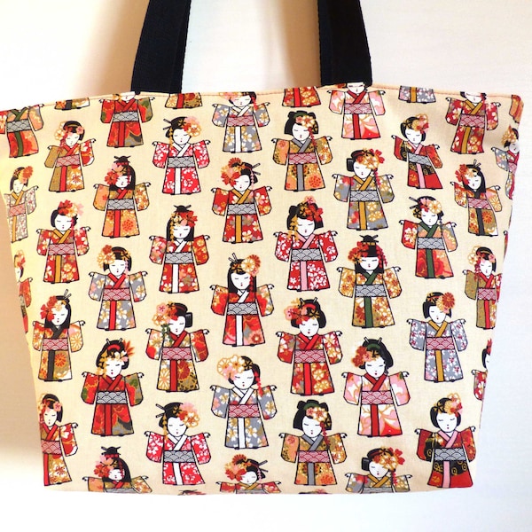 Sac  imprimé geishas, sac cabas, sac fourre-tout, sac shopping, porté épaule, en coton