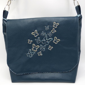 Sac à main en simili cuir et coton ethnique bleu, sac besace, sac bandoulière, sac brodé
