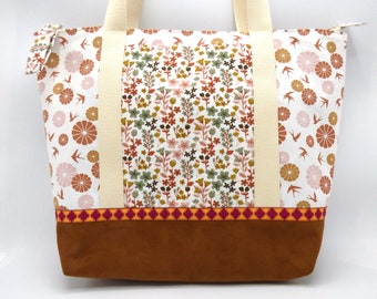 Grand sac cabas en coton et suédine, imprimé fleurs, sac de cours, sac de week-end, sac shopping fourre-tout