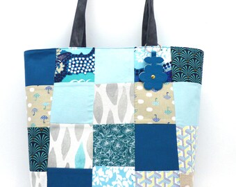 Grand sac fourre-tout, sac cabas en coton, sac de cours, imprimé patchwork bleu, sac shopping, sac de week-end,