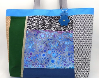 Grand sac fourre-tout en coton, patchwork bleu, sac cabas, sac shopping, sac de cours, sac de week-end