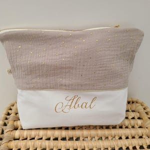 Personalized double gauze beige and gold toiletry bag