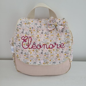 Sac à dos pour entrée en maternelle / crèche personnalisé, coton floral rose et or
