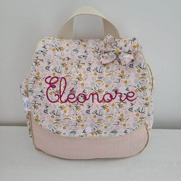 Sac à dos pour entrée en maternelle / crèche personnalisé, coton floral rose et or