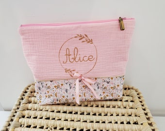 Personalized toiletry bag, pretty floral cotton and double gauze