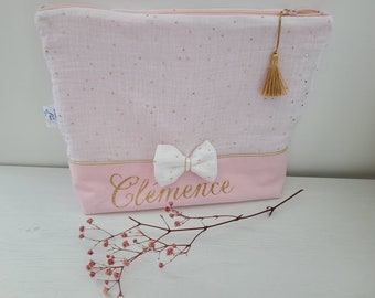 Personalized white and gold double gauze toiletry bag