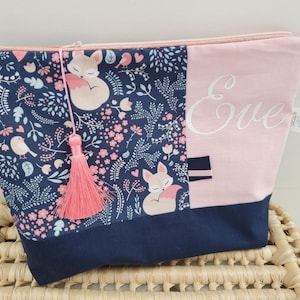 Personalized toiletry bag with first name and little foxes