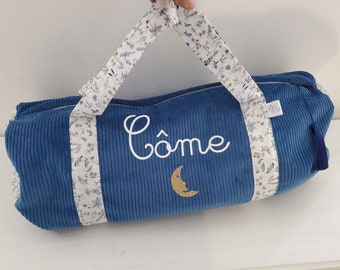 Sac bowling (ou sac à langer) en liberty Theo blue dust / velours, personnalisé