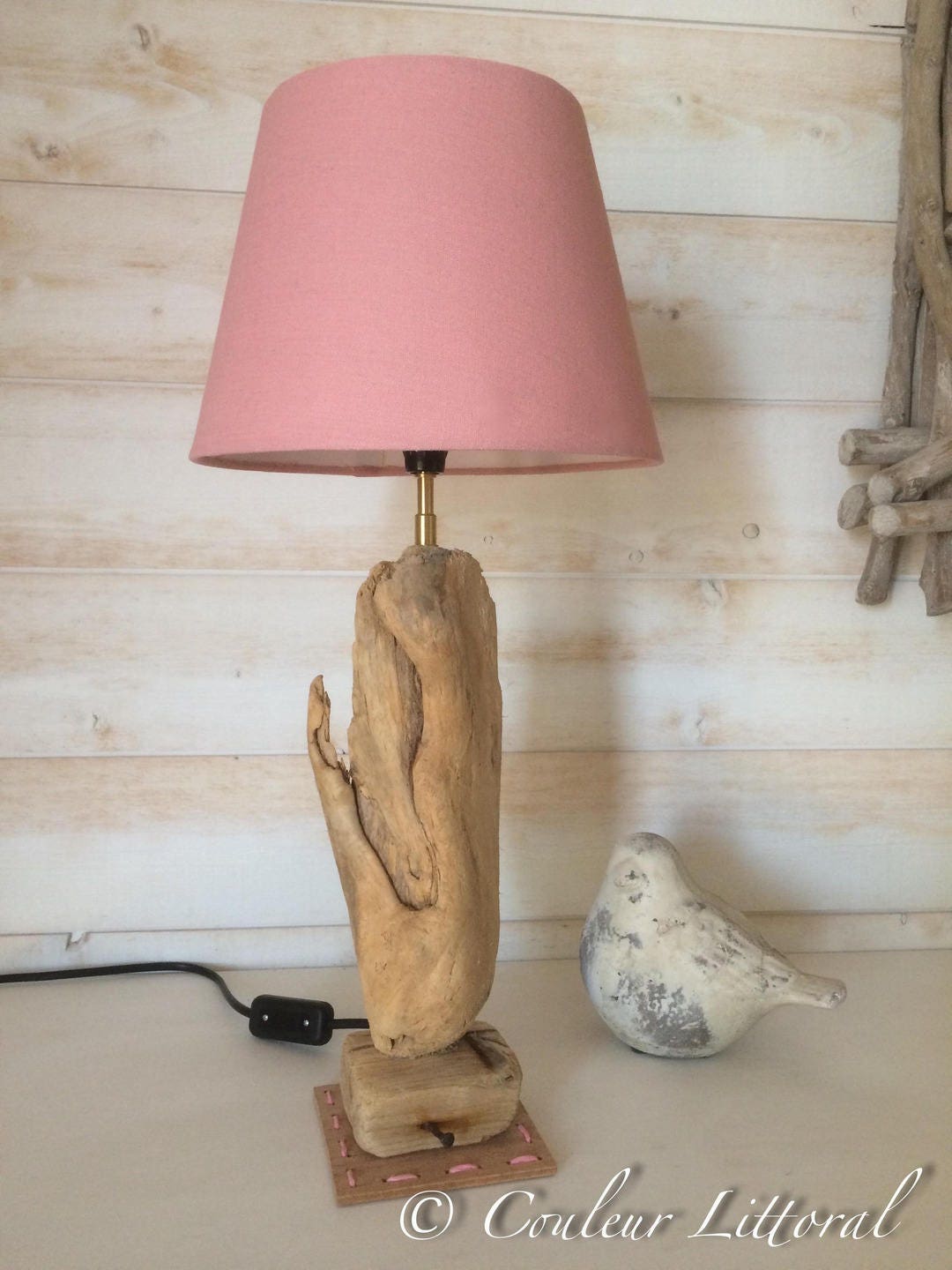 Lampe Bois Flotté Abat-Jour Lin Rose