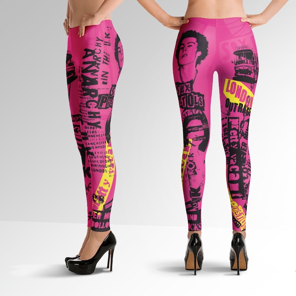 Punk rock anarquía sex pistols leggings, Collage art, tipografía de rescate, rosa caliente, ¡no importan los bollocks!