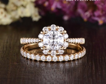 1ct Moissanite Ring Set Cluster Engagement Ring Yellow Gold Unique Cathedral Basket Floral Halo Engagement Ring 2mm Stacking Band Ring 2pcs