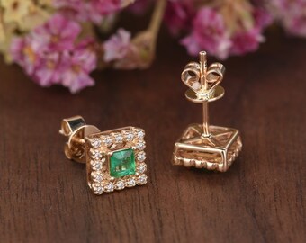 Pendientes de esmeralda de talla princesa, pendientes de oro amarillo con esmeralda, halo de diamantes, piedra natal de mayo, cuadrado, regalo antiguo para ella, aniversario, retro