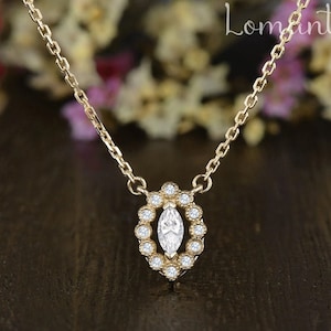 Natural Diamond Necklace Antique Pendant Milgrain Marquise Diamond Pendant Halo Gold Necklace Vintage Adjustable Necklace Anniversary Gift