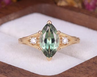Vintage Marquise Cut Green Sapphire Engagement Ring Nature Inspired Yellow Gold Branch Textured Split Promise Wedding Ring Anniversary Gift