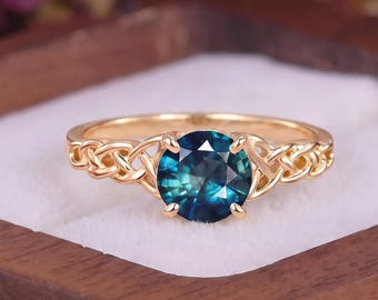 Vintage Celtic Natural Teal Sapphire Engagement Ring Round Cut Solitaire Solid Gold Bridal Ring Handmade Jewelry Art Deco Anniversary Gift