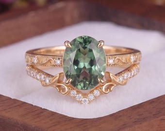 Nature Inspired Oval Green Sapphire Engagement Ring Set Vintage Yellow Gold Leaf Scroll Engraved Ring Set Dainty Pave Curved Promise Ring