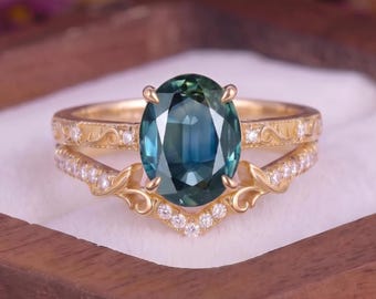 Nature Inspired Oval Cut Teal Sapphire Engagement Ring Set Art Deco Yellow Gold Leaf Scroll Engraved Milgrain Bridal Ring Set Gift For Her