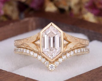Vintage Hexagon Moissanite Bezel Engagement Ring Set Nature Inspired Yellow Gold Scroll Engraved Bridal Set Dainty Pave Curved Wedding Band
