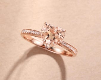 Natural Morganite Engagement Ring Unique Heart Shaped Promise Ring Minimalist Design Half Eternity Diamond Ring Anniversary Gift For Her