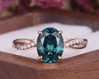 Nature Oval Teal Sapphire Engagement Ring Vintage Rose Gold Pave Moissanite Twist Bridal Ring Dainty Half Eternity Anniversary Rings For Her