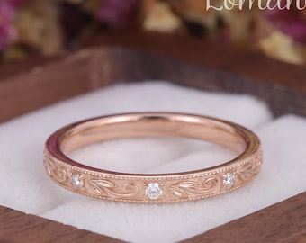 Vintage Leaf Engraved Wedding Band Art Deco Milgrain Rose Gold Moissanite Ring Victorian Straight Dainty Handmade Jewelry Anniversary Gifts