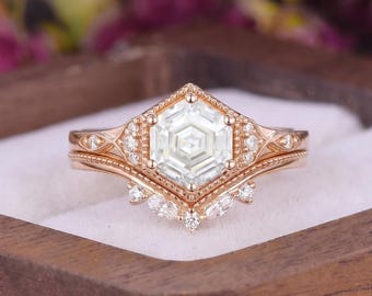 Unique Hexagon Moissanite Engagement Ring Set Art Deco Rose Gold Milgrain Engraved Bridal Ring Vintage Curved Wedding Band Anniversary Gift