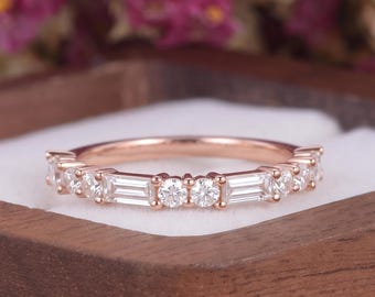 Vintage Half Eternity Baguette & Round Moissanite Wedding Band Minimalist Rose Gold Stackable Promise Ring Dainty Anniversary Gift For Her